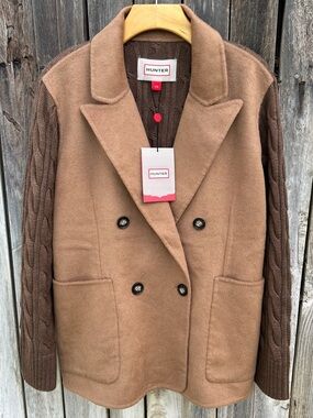 NWT Hunter Double Breasted Wool Blend Sweater Jacket Camel Tan Brown L